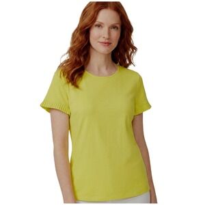 Talbots Petites Womens Medium Petite Yellow Pleated Sleeve T Shirt Casual Top